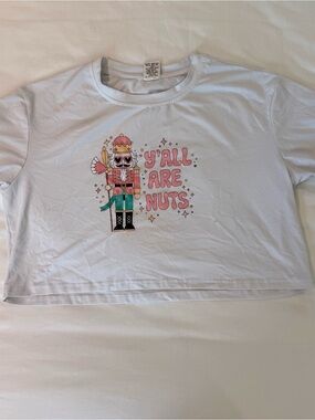 White Crop Tee with Pink Nutcracker Graphic - "Y'all Are Nuts"